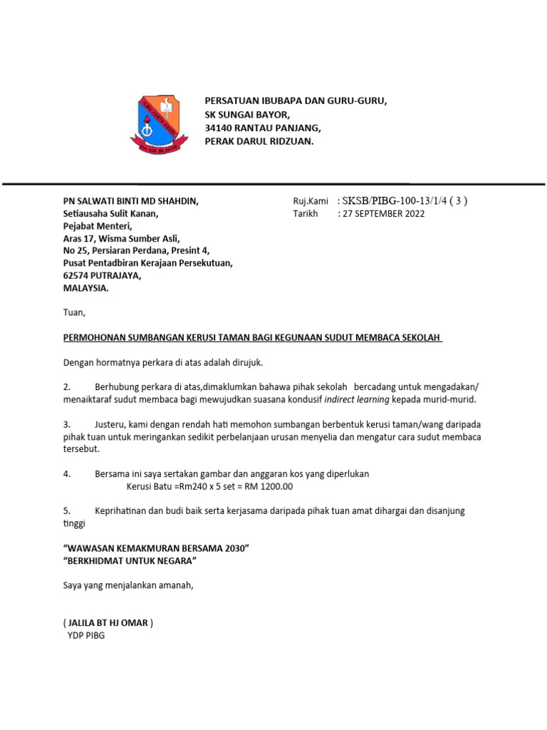 Surat Mint Asponsor Kerusi Batu SKSB | PDF