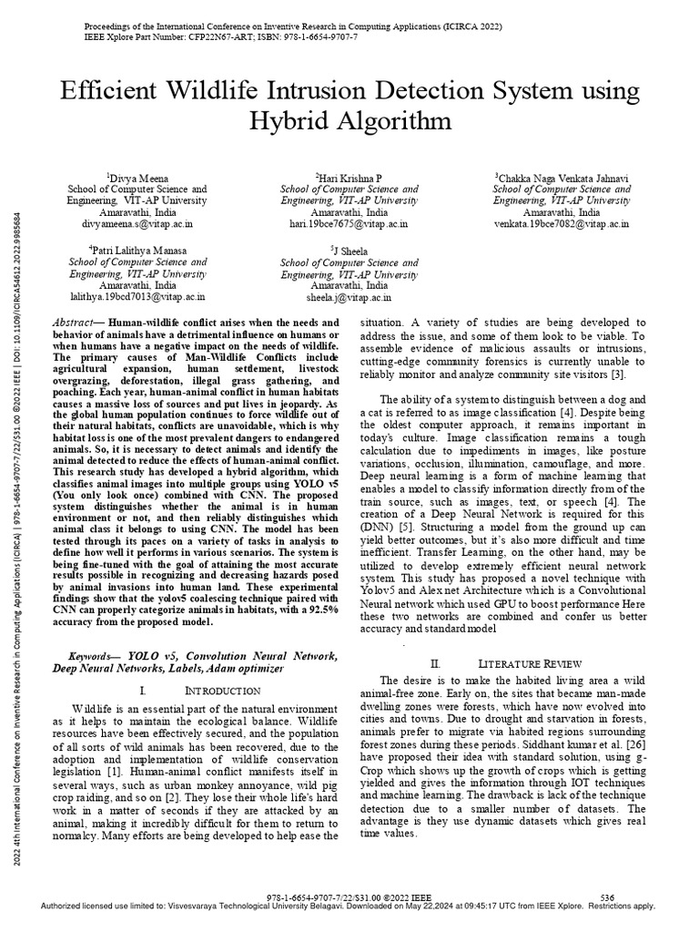 Efficient Wildlife Intrusion Detection System Using Hybrid Algorithm ...