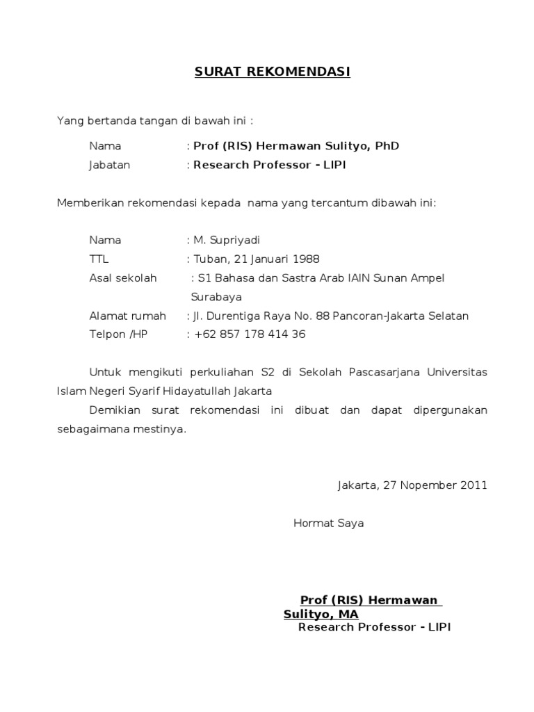 Contoh Surat Rekomendasi Beasiswa Dari Dosen Kumpulan Surat Penting