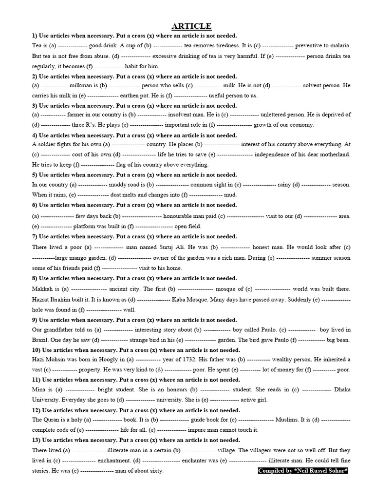 Class 8 Articles Worksheet Exercises | PDF | History