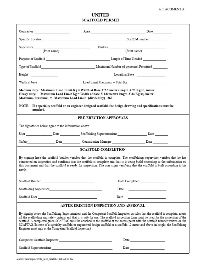 Scaffold Permit and Inspection Form | PDF | Scaffolding