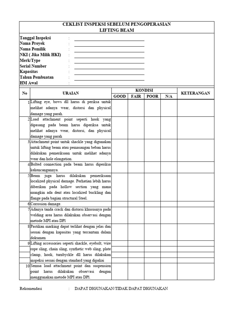 Cek List Lifting Beam | PDF