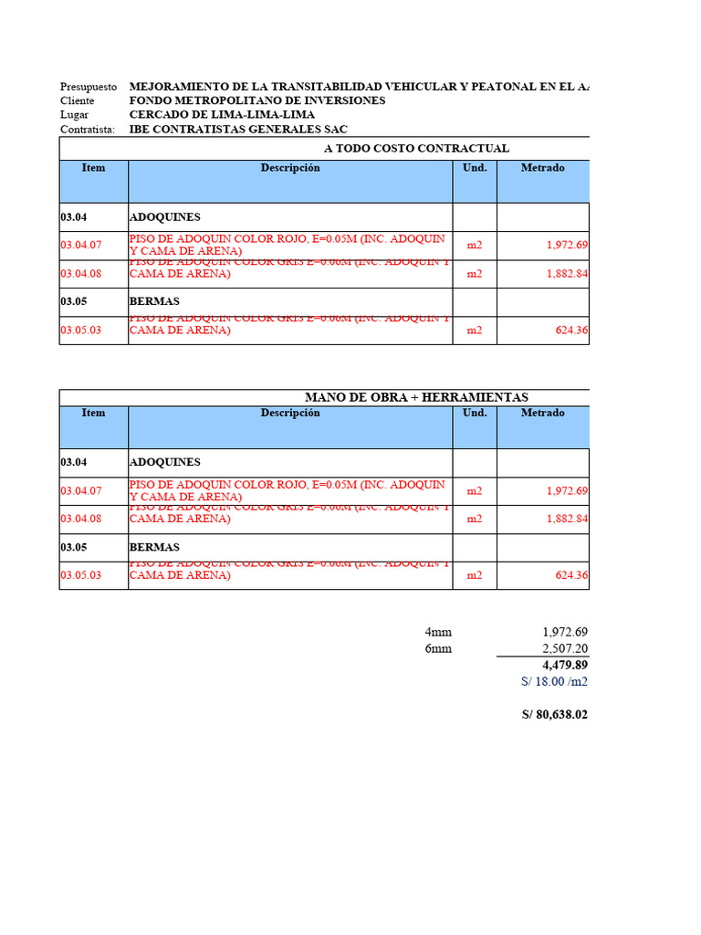 Comparativo Adoquines - Subcont. Principe Vargas | PDF