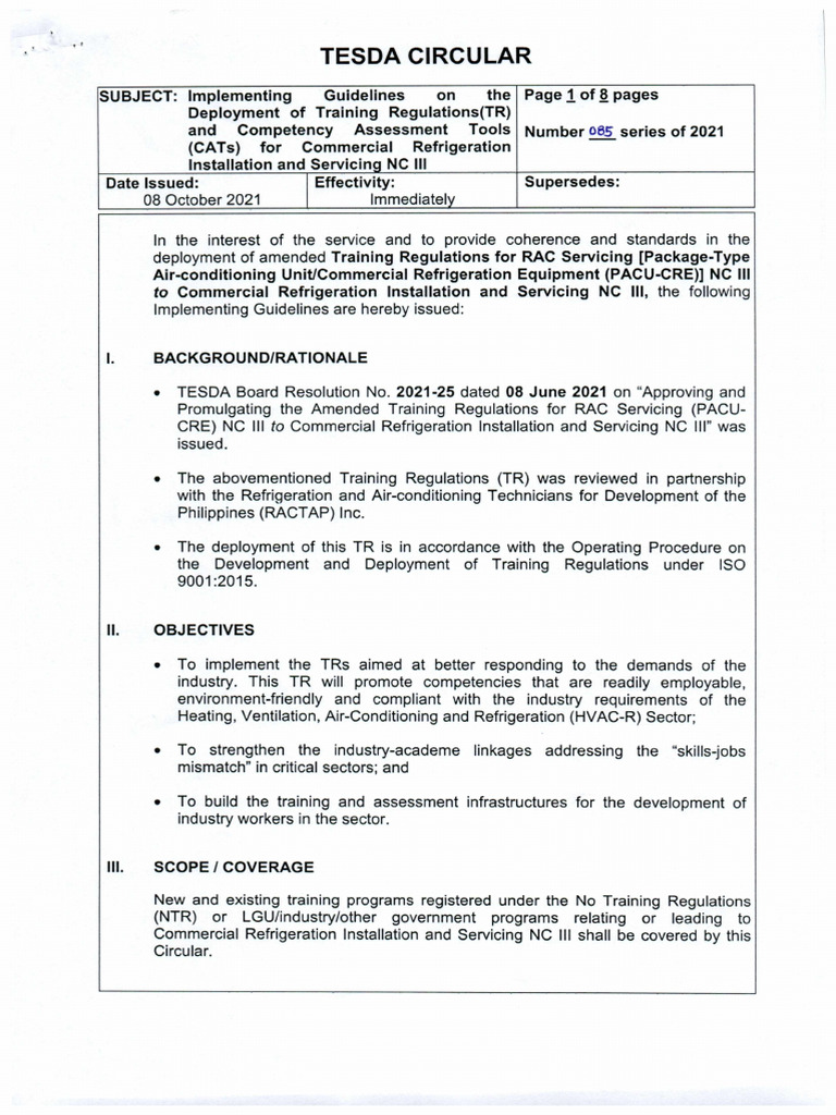 TESDA Guidelines for Refrigeration NC III | PDF