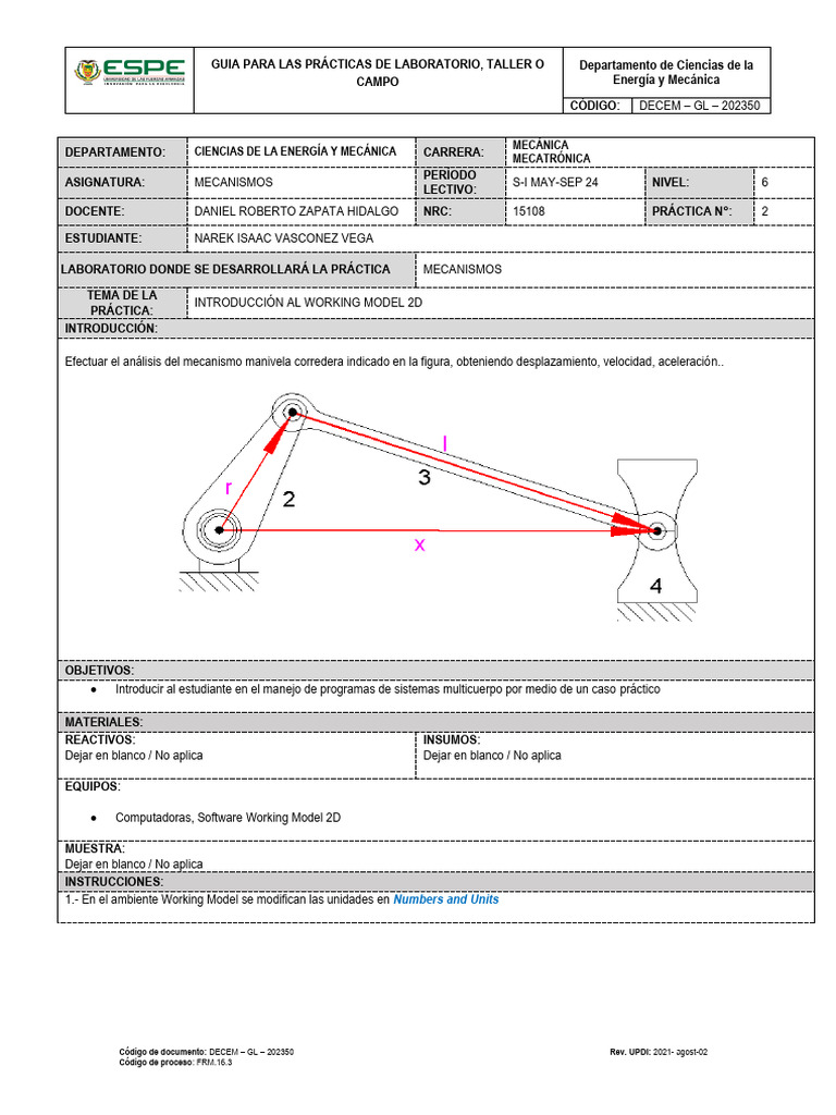Práctica de Mecanismos en Working Model 2D | PDF | Cinemática | Velocidad