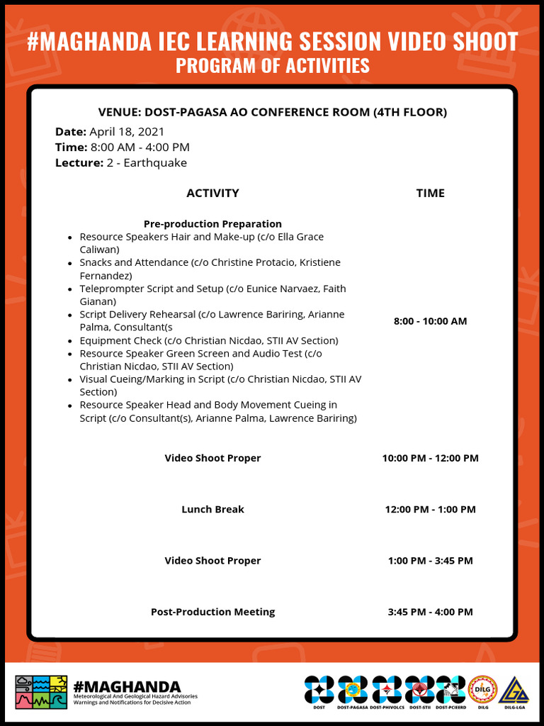 Maghanda IEC Video Shoot Schedule | PDF