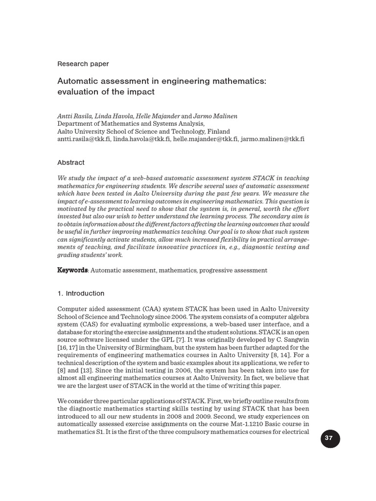 Impact of Automatic Assessment in Engineering Mathematics | PDF ...