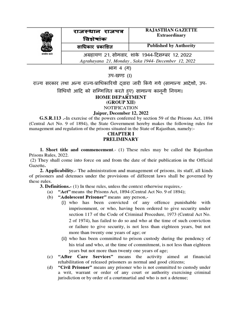 Rajasthan Prisons Rules 2022 | PDF | Prison | Rehabilitation (Penology)