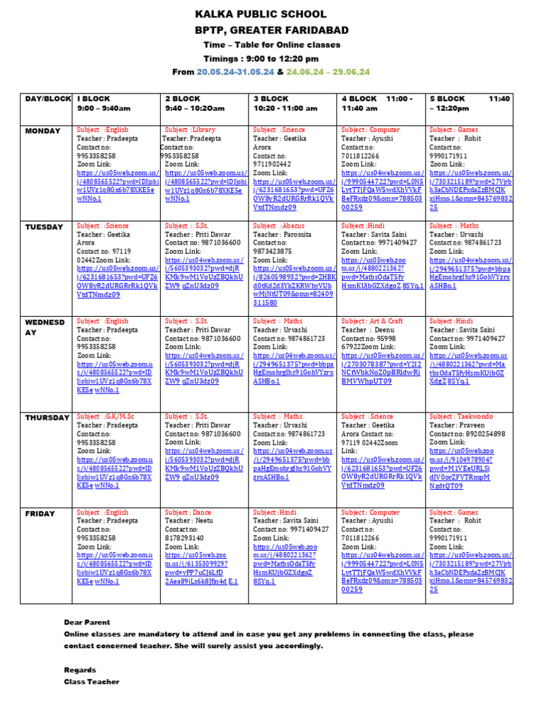 Online time table for the class 5 pdf