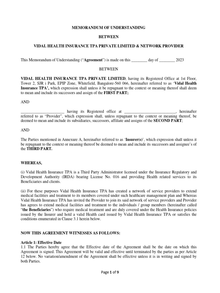Provider MOU TPA | PDF | Insurance | Patient