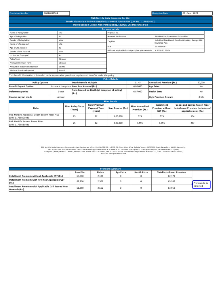 Quotation Number Quotation Date | PDF | Insurance | Life Insurance