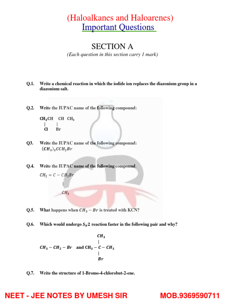  haloalkanes and haloarenes important unsolved questions pdf