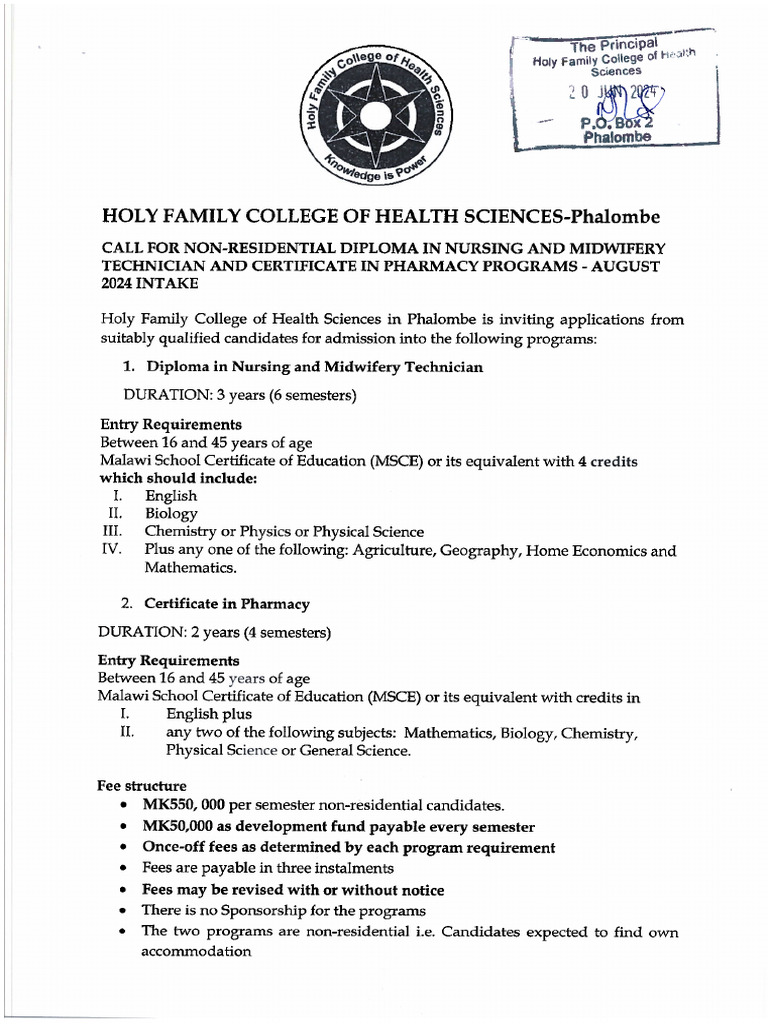 Holy Family - Aug 2024 Advert & Application Form | PDF