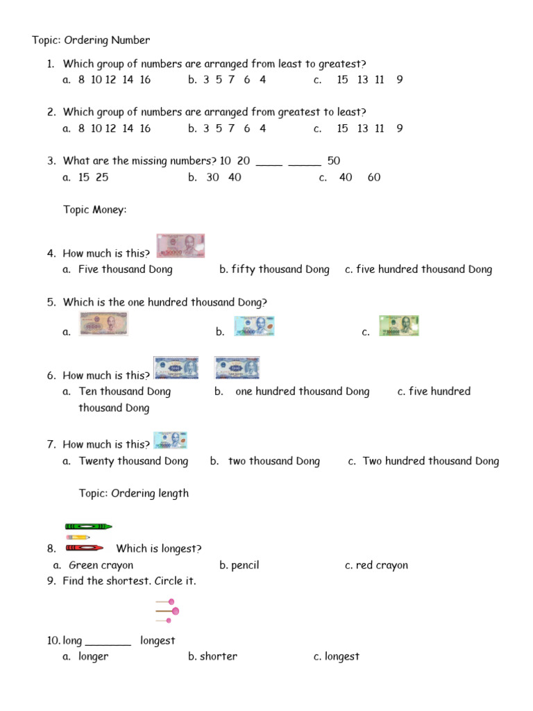 Number Ordering and Money Quiz | PDF