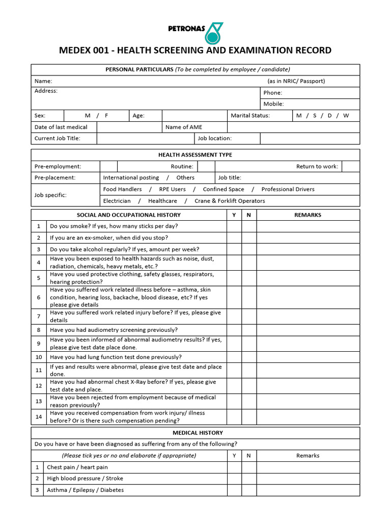 Medex Pre-Employment Health Form | PDF | Personal Protective Equipment ...