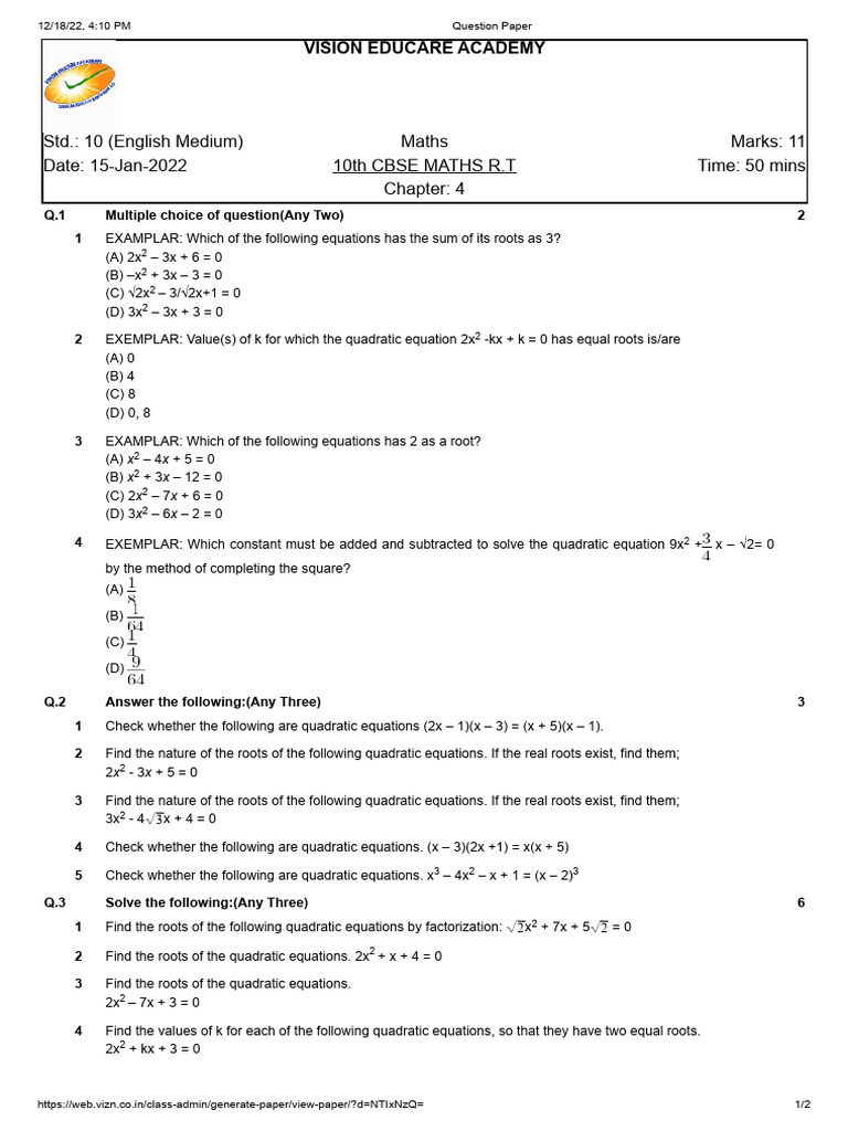 10th-Maths-Rt-Chap-04 (Set-A) QP | PDF | Quadratic Equation | Mathematics