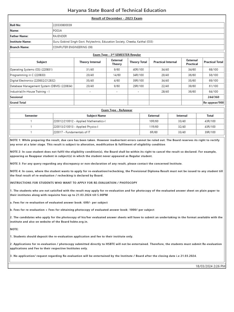 Haryana State Board of Technical Education: Result of December - 2023 ...