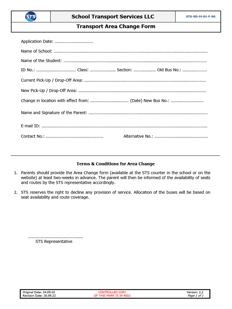 School Transport Area Change Form | PDF
