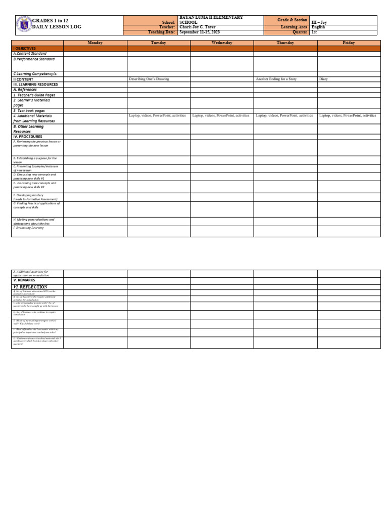 Daily Lesson Log for Grade 3 English | PDF | Learning | Educational ...