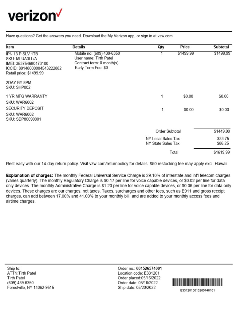 Verizon 13p 1tb 353754680473100 | PDF | Fee | Service Industries