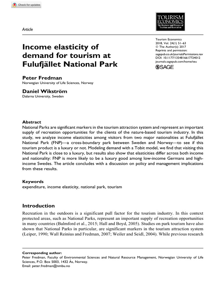 Fredman wikstrom 2017 income elasticity of demand for tourism at