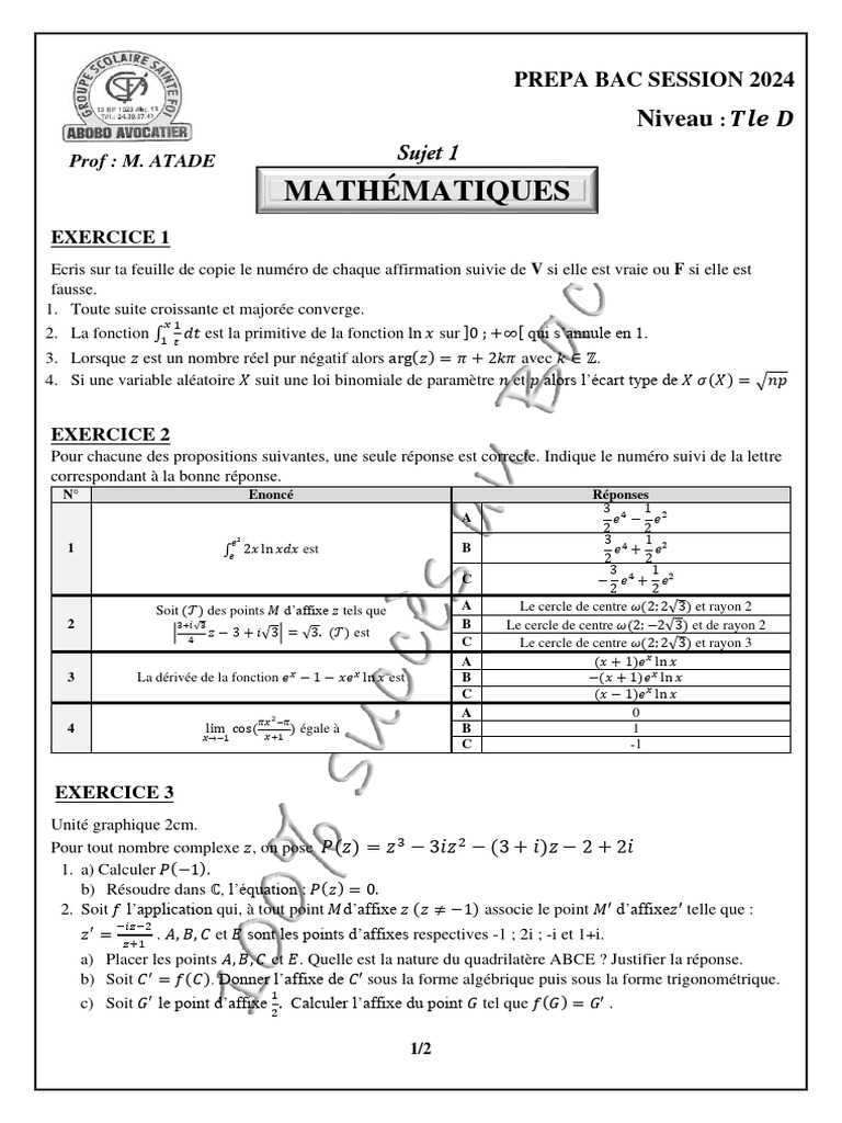 Préparation Bac D Mathématiques 2024 | PDF | Nombre complexe | Limite ...