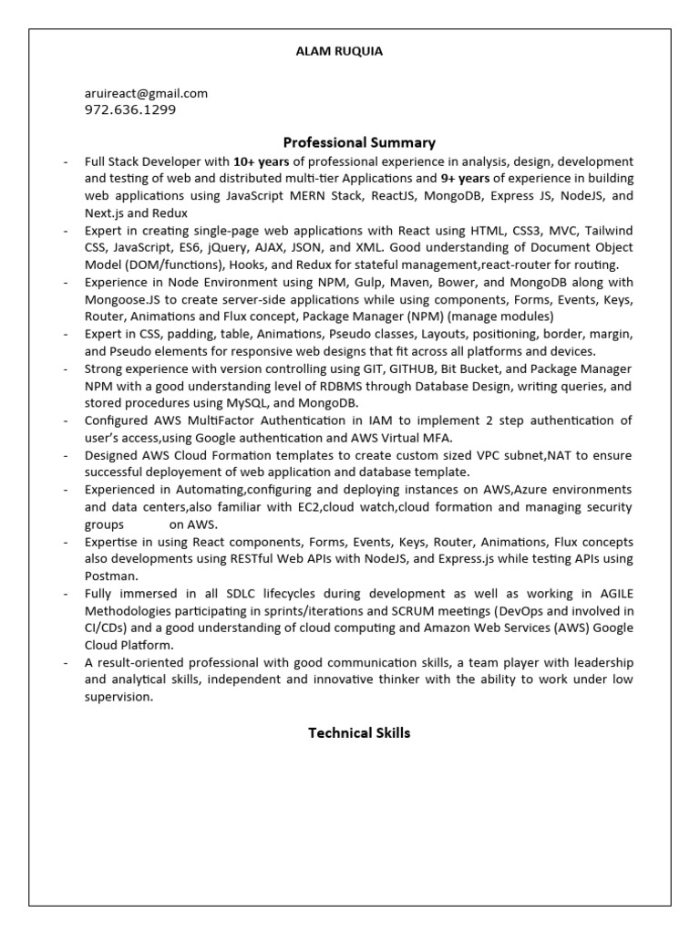 Full Stack Developer Resume Summary | PDF | J Query | Java Script