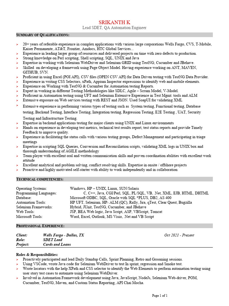 Srikanth K Lead Sdet Qa Automation Engineer Pdf Software Testing