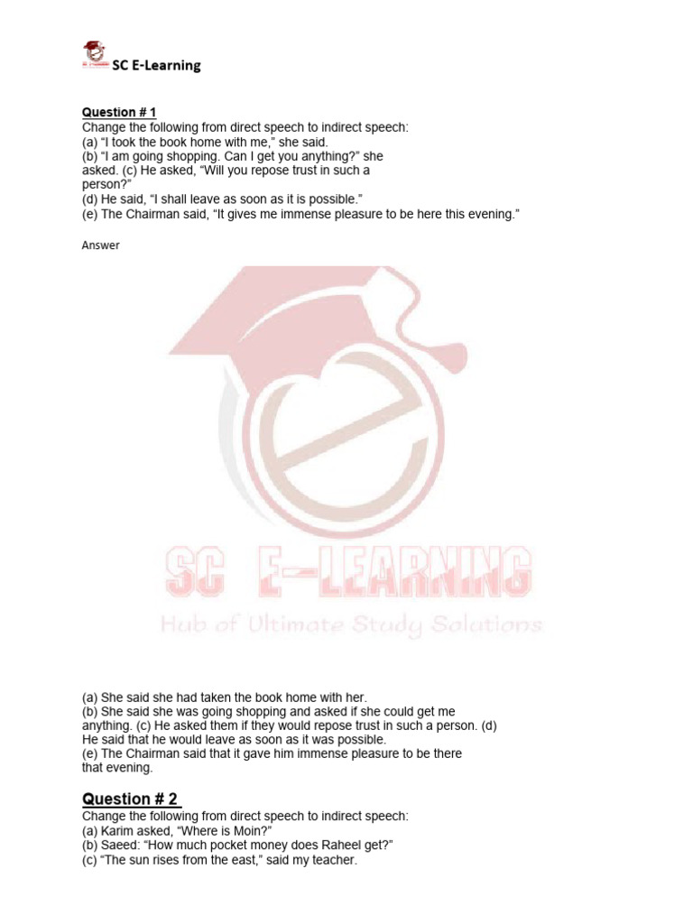Direct to Indirect Speech Exercises | PDF | Language Arts & Discipline