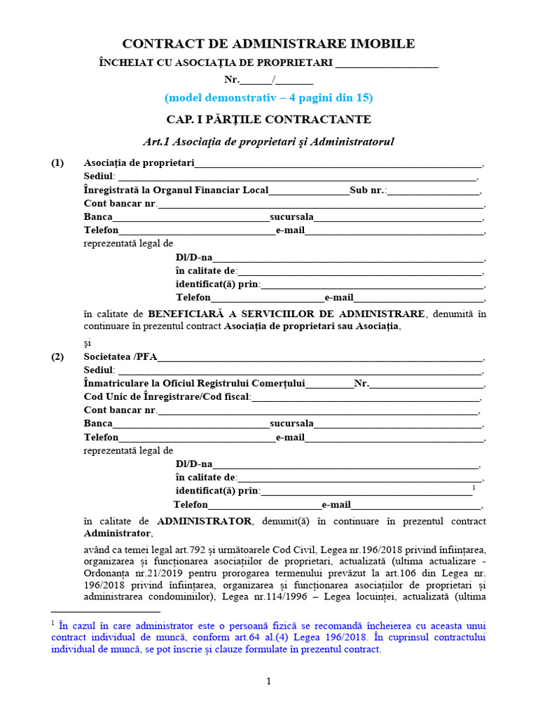 Demo Contract de Administrare Imobile - Asoc Proprietari | PDF