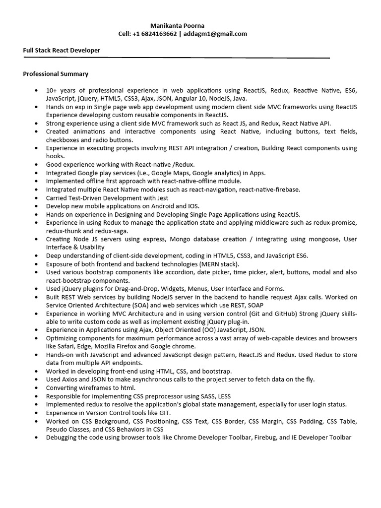 Full Stack React Developer Resume | PDF | Java Script | Ajax (Programming)