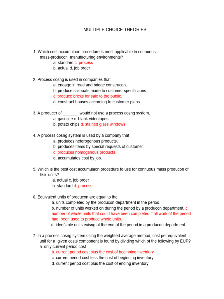 Process Costing Multiple Choice Theories Pdf Inventory Cost Of