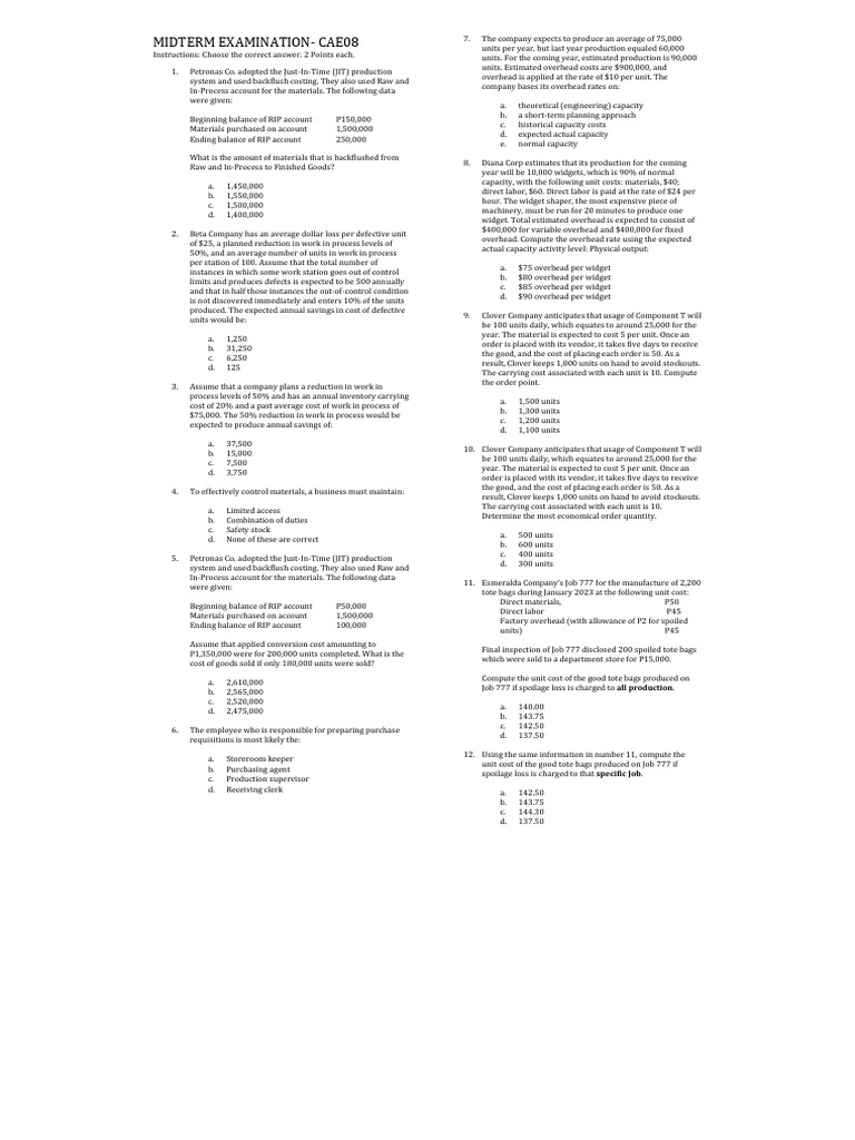 CAE08 Midterm Exam: Cost Accounting Concepts | PDF | Inventory | Cost
