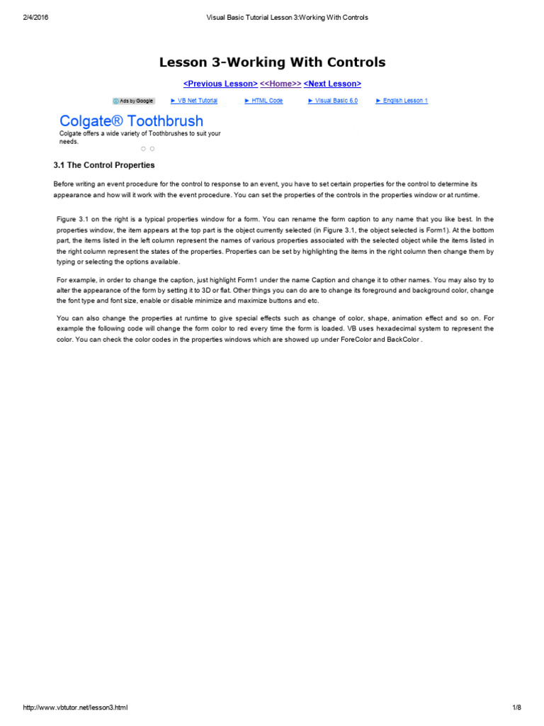 Visual Basic Tutorial Lesson 3 - Working With Controls | PDF ...