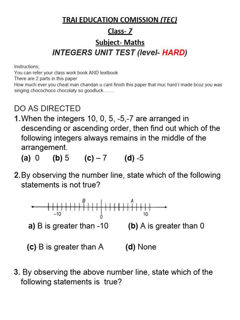 Class 7 Integers Unit Test Worksheet | PDF | Integer | Arithmetic