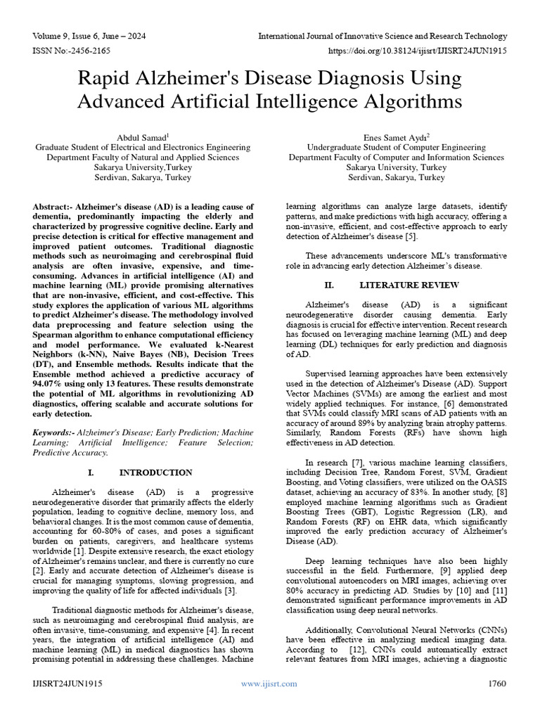 AI Algorithms for Alzheimer's Diagnosis | PDF | Machine Learning ...