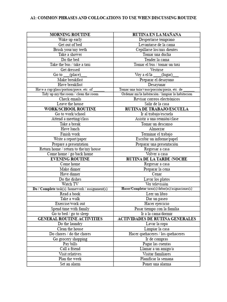 A1 Phrases and Collocations To Talk About Routine | PDF