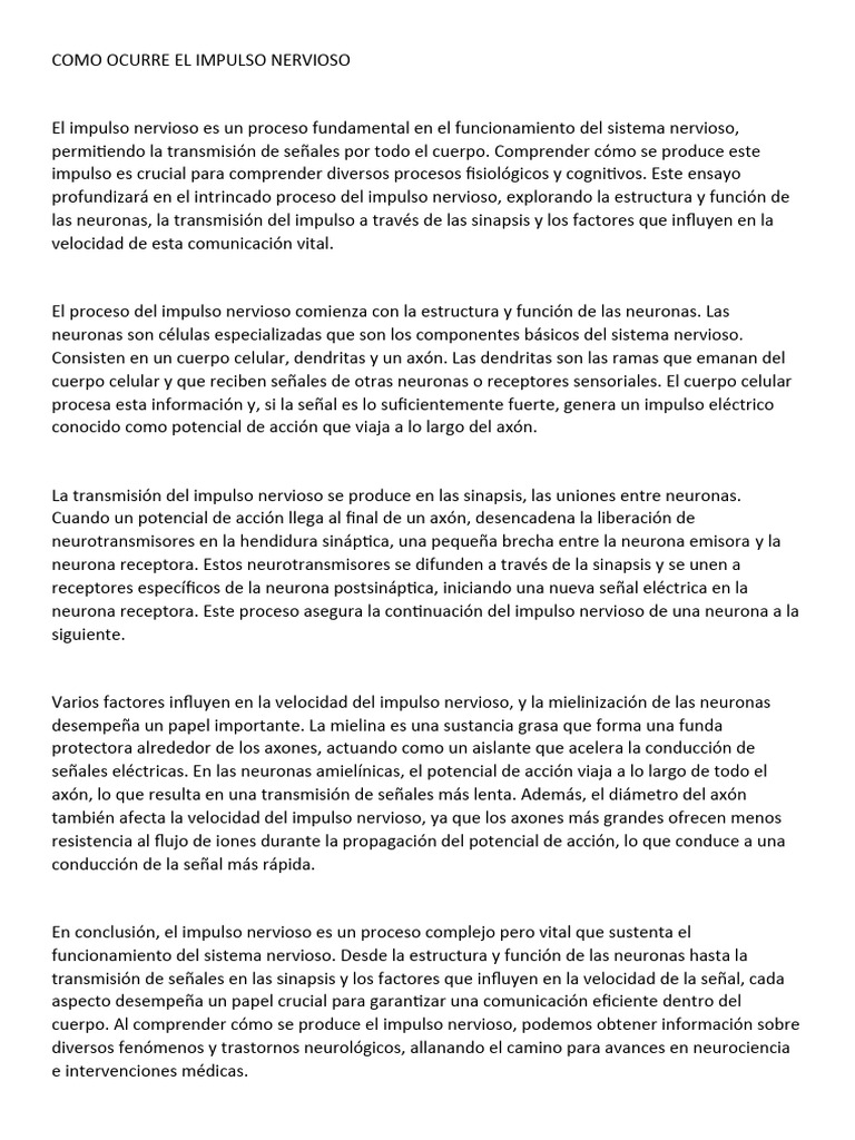 Generación y transmisión del impulso nervioso | PDF | Sinapsis | Neurona