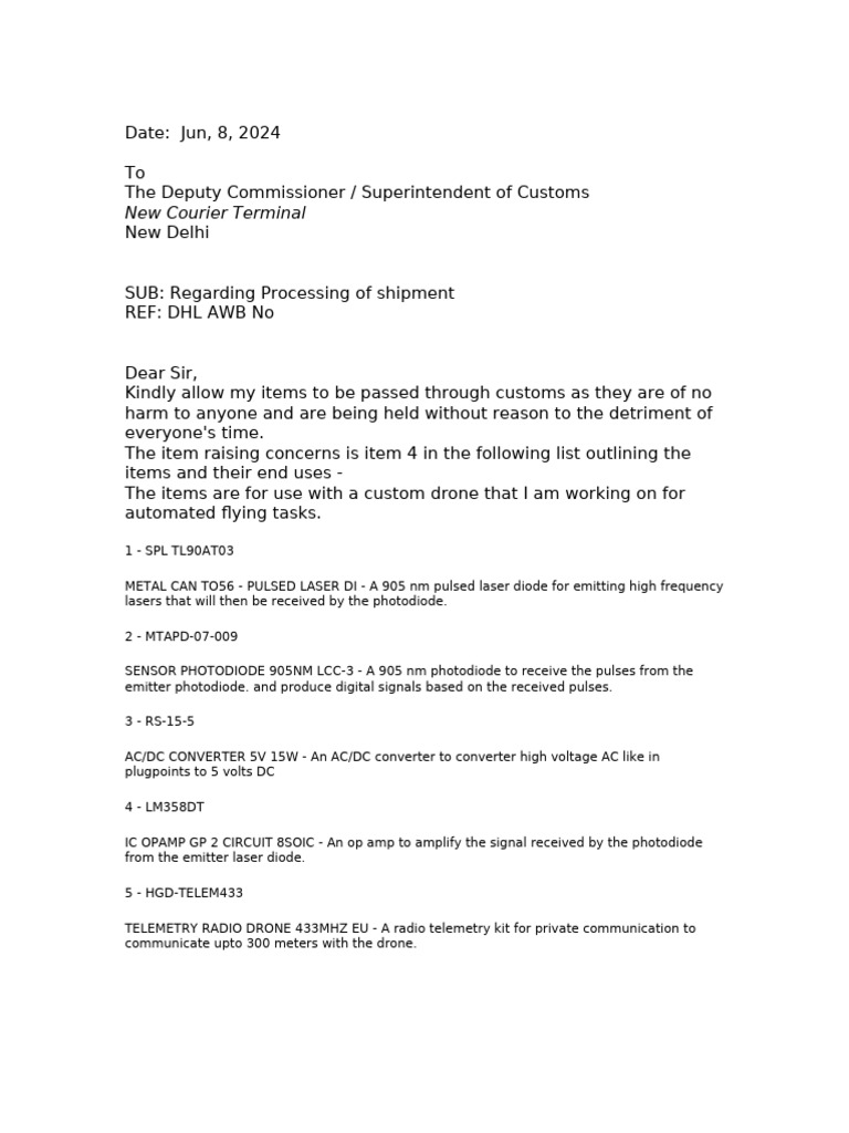 Customs Clearance Request for Drone Parts | PDF | Business | Computers