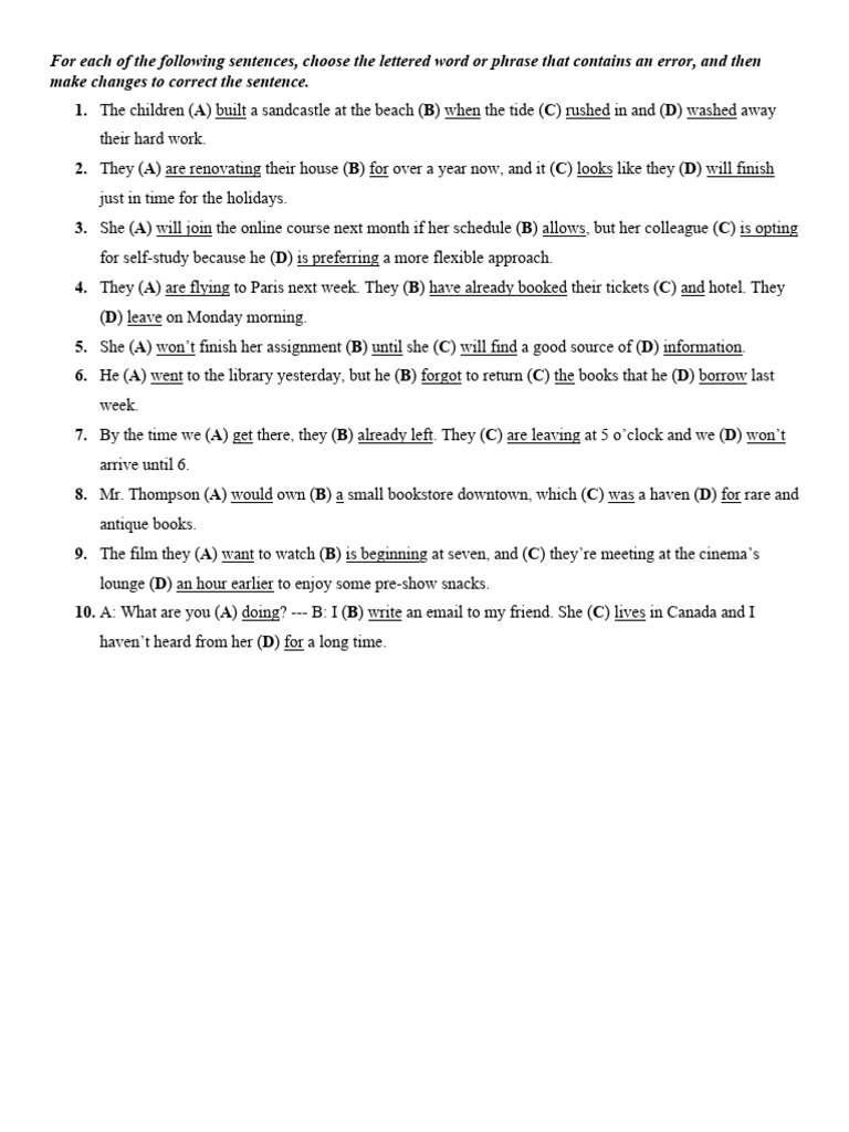 Sentence Error Correction Exercises | PDF | Language Arts & Discipline