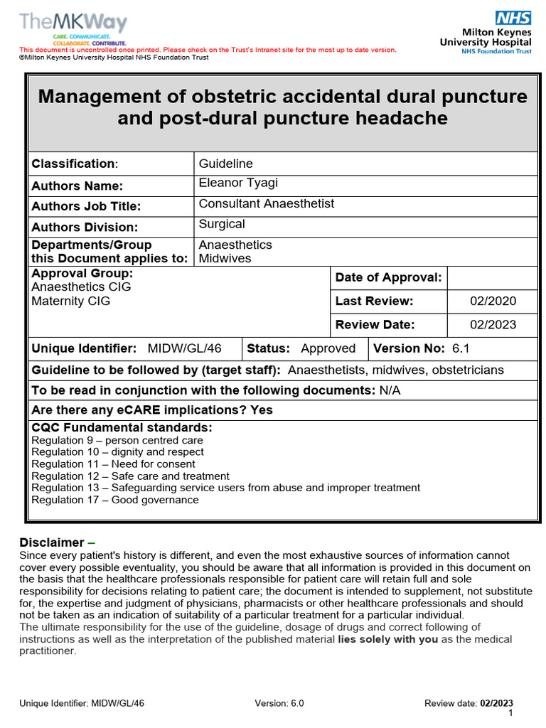 Management of Obstetric Accidental Dural Puncture and Post Dural ...