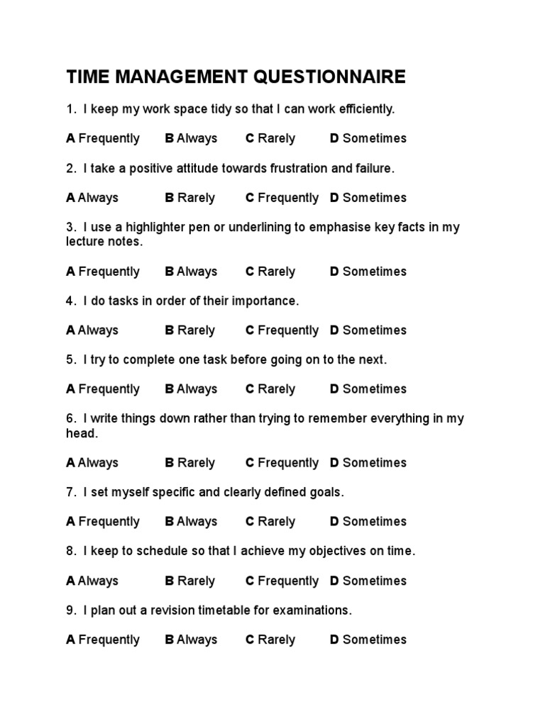 Time Management Questionnaire Time Management