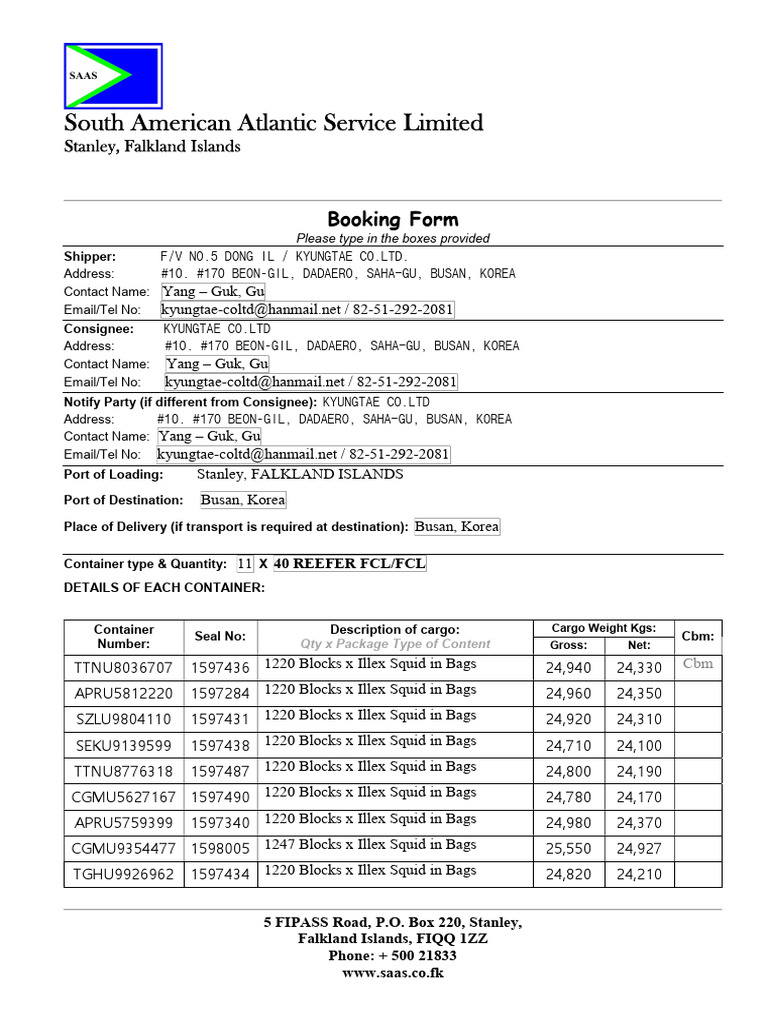 Booking Form Pdf Cargo Transport