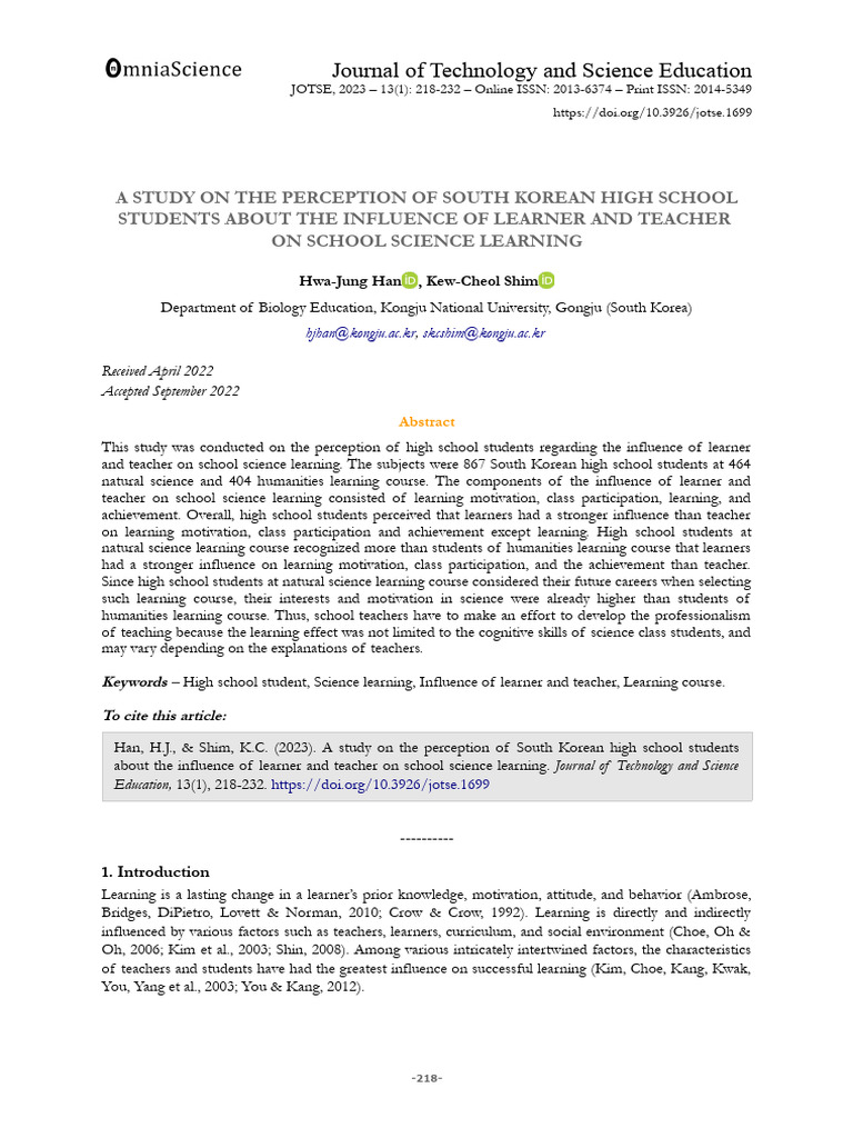 South Korean Students' Science Learning Perceptions | PDF | Learning ...