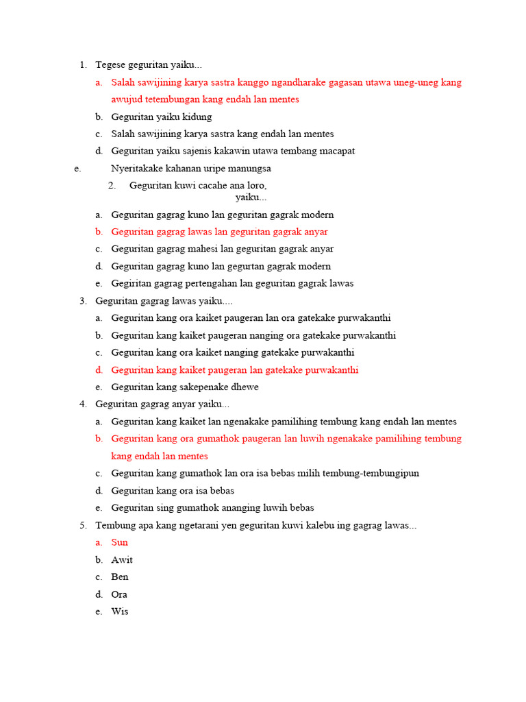 <p>Dalam dunia pendidikan, evaluasi akhir semester merupakan momen krusial untuk mengukur sejauh mana pemahaman siswa terhadap materi yang telah dipelajari. Bagi siswa Kelas X Sekolah Menengah Atas (SMA) atau sederajat yang mendalami Bahasa Jawa, Ujian Akhir Semester (UAS) menjadi penentu keberhasilan dalam menguasai kompetensi linguistik dan budaya Jawa. Artikel ini akan mengupas tuntas mengenai contoh soal UAS Bahasa Jawa Kelas X Semester 1, lengkap dengan penjelasan dan tips menghadapi ujian.</p>
<p>” title=”</p>
<p>Dalam dunia pendidikan, evaluasi akhir semester merupakan momen krusial untuk mengukur sejauh mana pemahaman siswa terhadap materi yang telah dipelajari. Bagi siswa Kelas X Sekolah Menengah Atas (SMA) atau sederajat yang mendalami Bahasa Jawa, Ujian Akhir Semester (UAS) menjadi penentu keberhasilan dalam menguasai kompetensi linguistik dan budaya Jawa. Artikel ini akan mengupas tuntas mengenai contoh soal UAS Bahasa Jawa Kelas X Semester 1, lengkap dengan penjelasan dan tips menghadapi ujian.</p>
<p>“></p>
<p><strong>Pendahuluan:</strong></p>
<ul>
<li>Pentingnya UAS Bahasa Jawa Kelas X Semester 1.</li>
<li>Tujuan artikel: memberikan gambaran contoh soal dan strategi belajar.</li>
<li>Fokus materi semester 1.</li>
</ul>
</li>
<li>
<p><strong>Materi Pokok Bahasa Jawa Kelas X Semester 1:</strong></p>
<ul>
<li><strong>Aksara Jawa (Carakan):</strong>
<ul>
<li>Pengenalan aksara Jawa dasar (ha, na, ca, ra, ka, dll.).</li>
<li>Sandhangan swara (wulu, suku, pepet, taling, taling tarung).</li>
<li>Sandhangan panyigeg wanda (wignyan, cecak, layar, pangkon).</li>
<li>Pasangan aksara.</li>
<li>Contoh penulisan kata/kalimat sederhana.</li>
</ul>
</li>
<li><strong>Kawruh Basa Jawa (Tata Bahasa):</strong>
<ul>
<li>Tembung (kata): Macam-macam tembung (kata benda, kata kerja, kata sifat, dll.).</li>
<li>Unggah-ungguh Basa Jawa (tingkatan bahasa): Ngoko, Krama Madya, Krama Inggil.</li>
<li>Struktur kalimat sederhana dalam Bahasa Jawa.</li>
</ul>
</li>
<li><strong>Sastra Jawa:</strong>
<ul>
<li>Pengenalan geguritan (puisi Jawa) sederhana.</li>
<li>Memahami unsur-unsur geguritan (bait, larik, makna).</li>
<li>Cerita rakyat (dongeng/legenda) sederhana dalam Bahasa Jawa.</li>
</ul>
</li>
</ul>
</li>
<li>
<p><strong>Contoh Soal UAS Bahasa Jawa Kelas X Semester 1 (Beserta Pembahasan Singkat):</strong></p>
<ul>
<li><strong>Bagian I: Pilihan Ganda (Prediksi Soal)</strong>
<ul>
<li>Soal terkait Aksara Jawa (identifikasi aksara, sandhangan, penulisan).</li>
<li>Soal terkait Kawruh Basa Jawa (jenis tembung, penggunaan unggah-ungguh).</li>
<li>Soal terkait Sastra Jawa (memahami geguritan, cerita rakyat).</li>
</ul>
</li>
<li><strong>Bagian II: Uraian Singkat (Prediksi Soal)</strong>
<ul>
<li>Soal menuliskata/kalimat menggunakan Aksara Jawa.</li>
<li>Soal mengartikan kalimat berbahasa Jawa ke Bahasa Indonesia atau sebaliknya.</li>
<li>Soal menentukan unggah-ungguh basa yang tepat.</li>
<li>Soal menganalisis makna geguritan sederhana.</li>
</ul>
</li>
<li><strong>Bagian III: Uraian Panjang (Prediksi Soal)</strong>
<ul>
<li>Soal membuat paragraf sederhana menggunakan Aksara Jawa.</li>
<li>Soal menceritakan kembali isi cerita rakyat dengan bahasa Jawa.</li>
<li>Soal membuat geguritan sederhana bertema tertentu.</li>
</ul>
</li>
</ul>
</li>
<li>
<p><strong>Tips dan Strategi Menghadapi UAS Bahasa Jawa:</strong></p>
<ul>
<li><strong>Memahami Materi Secara Menyeluruh:</strong>
<ul>
<li>Ulangi catatan dan buku pelajaran.</li>
<li>Fokus pada materi yang sering keluar.</li>
</ul>
</li>
<li><strong>Latihan Soal:</strong>
<ul>
<li>Kerjakan contoh soal berulang kali.</li>
<li>Cari referensi soal lain dari guru atau sumber terpercaya.</li>
</ul>
</li>
<li><strong>Memperbanyak Kosakata:</strong>
<ul>
<li>Baca buku atau artikel berbahasa Jawa.</li>
<li>Gunakan kamus Bahasa Jawa.</li>
</ul>
</li>
<li><strong>Mengasah Kemampuan Menulis Aksara Jawa:</strong>
<ul>
<li>Latihan menulis secara rutin.</li>
<li>Perhatikan bentuk dan pasangan aksara.</li>
</ul>
</li>
<li><strong>Memahami Konteks Unggah-ungguh Basa:</strong>
<ul>
<li>Pelajari situasi dan lawan bicara yang tepat untuk setiap tingkatan bahasa.</li>
</ul>
</li>
<li><strong>Manajemen Waktu Saat Ujian:</strong>
<ul>
<li>Baca soal dengan teliti.</li>
<li>Kerjakan soal yang dianggap mudah terlebih dahulu.</li>
<li>Jangan terpaku pada satu soal terlalu lama.</li>
</ul>
</li>
</ul>
</li>
<li>
<p><strong>Penutup:</strong></p>
<ul>
<li>Pentingnya penguasaan Bahasa Jawa sebagai warisan budaya.</li>
<li>Motivasi untuk siswa agar tetap semangat belajar.</li>
<li>Harapan agar artikel ini bermanfaat.</li>
</ul>
</li>
</ol>
<p><strong>Pendahuluan</strong></p>
<p>Ujian Akhir Semester (UAS) merupakan salah satu tolok ukur utama dalam proses pembelajaran di sekolah. Bagi siswa Kelas X, UAS di semester pertama menjadi momen penting untuk mengukur pemahaman mereka terhadap berbagai materi yang telah diajarkan selama satu semester. Khususnya dalam mata pelajaran Bahasa Jawa, UAS bukan sekadar ujian biasa, melainkan sebuah kesempatan untuk menunjukkan penguasaan terhadap kekayaan linguistik dan budaya Jawa yang memiliki nilai luhur.</p>
<div style=