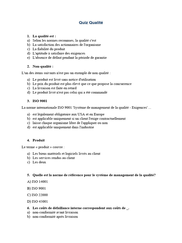Quiz sur la Qualité et Normes ISO | PDF | Management de la qualité ...
