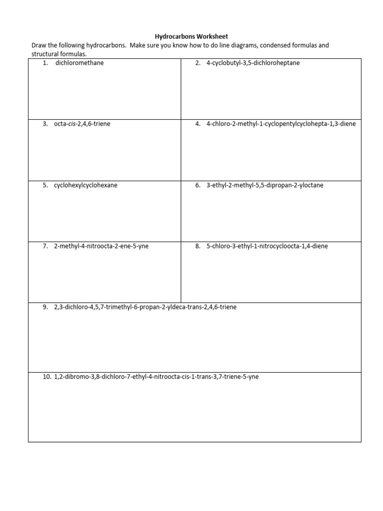 Hydrocarbons Worksheet PDF Chemistry Physical Sciences