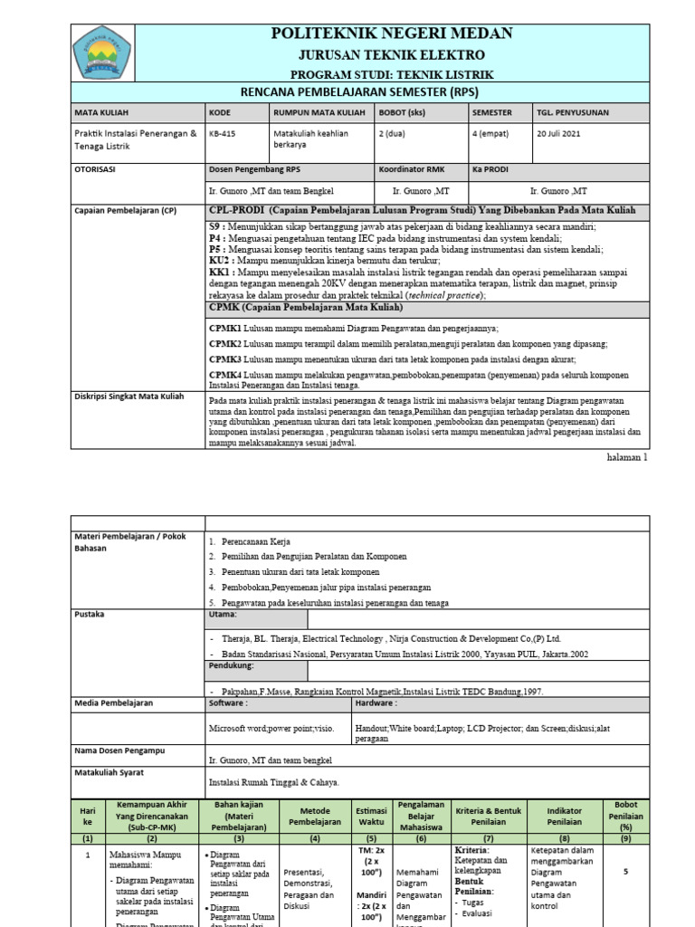 RPS Praktik Instalasi Penerangan Tenaga | PDF