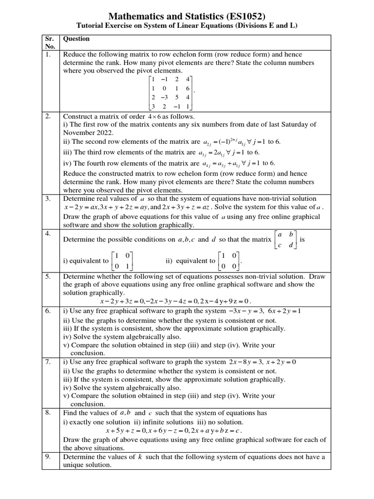 System of Linear Equations - Tutorial Exercises | PDF | Linear Subspace ...