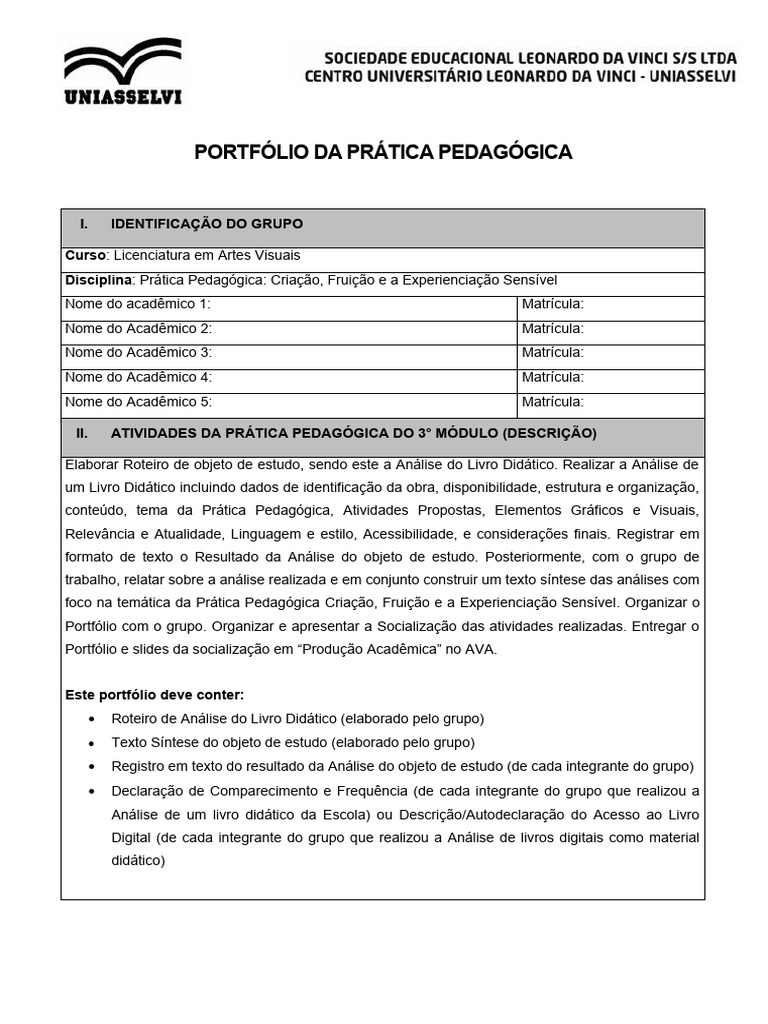 9 Modelo de Portfólio Artes Visuais | PDF | Pedagogia | Livros